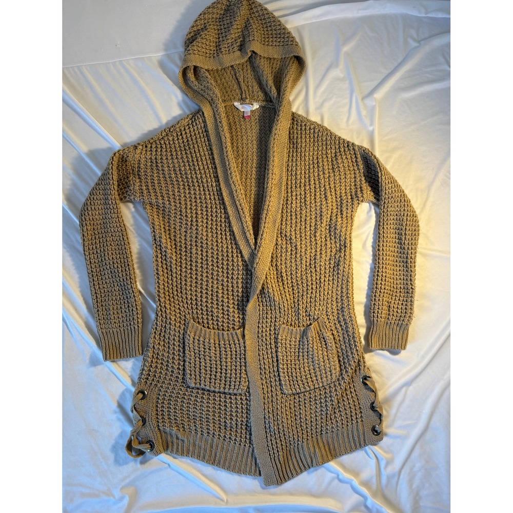No Boundaries Tan Hooded Waffle Knit Cardigan Lace Up Sides Large 11-13